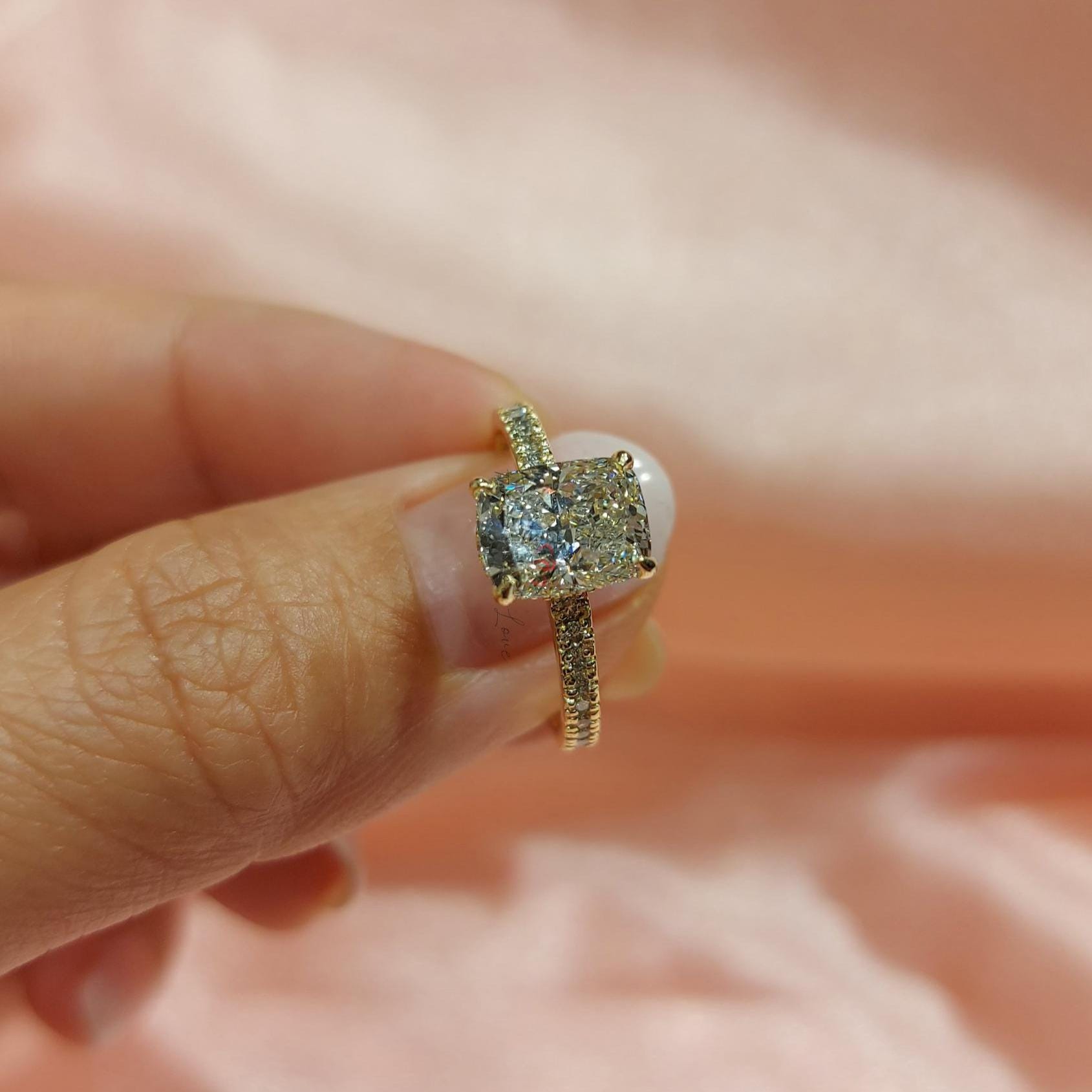 Vintage 2 Carat Cushion Cut Lab Grown Diamond Engagement Ring, 14K Gold, IGI Certified
