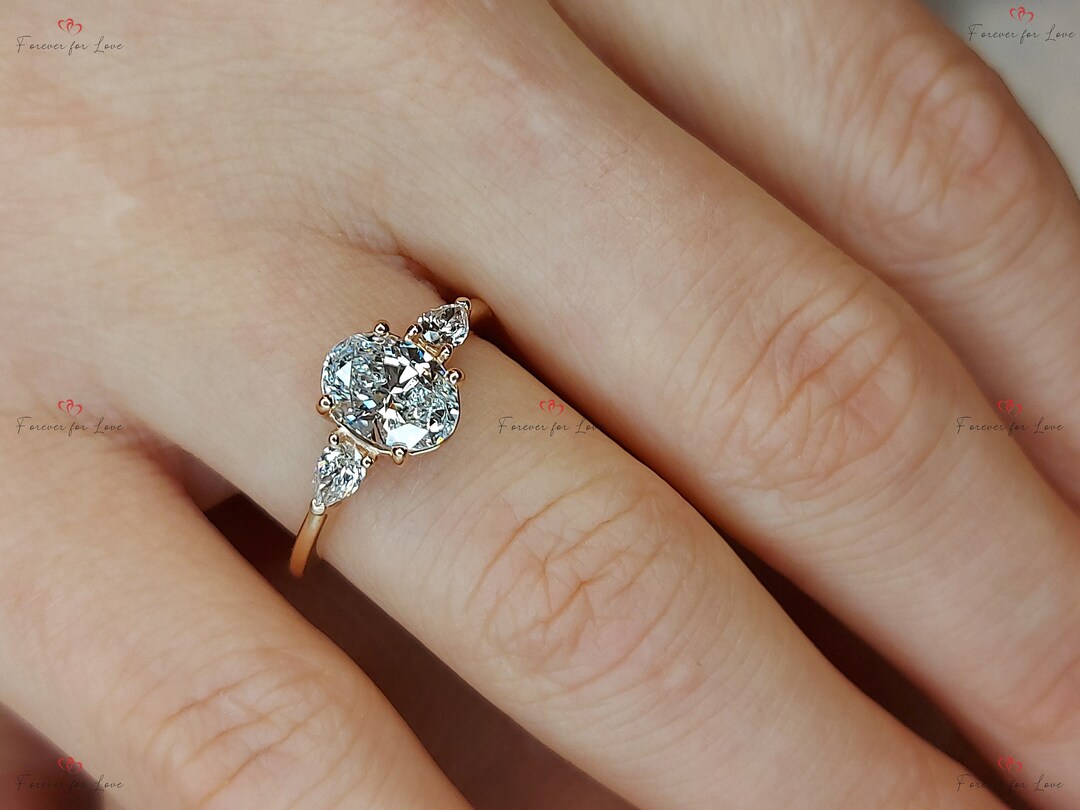 1.5CT Oval Lab Created Engagement Ring E, VVS2 Oval Cut Diamond Ring, Three Stone Anniversary