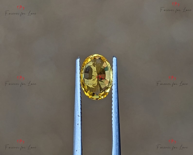 May include: A yellow oval gemstone held by tweezers. The gemstone is transparent and has a slight sparkle.