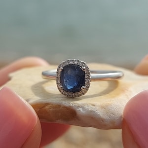 Anillo de diamantes de zafiro azul natural, anillo de compromiso de oro blanco de 1.2 qt y zafiro de 18 qt, anillo de compromiso, anillo de zafiro vintage.