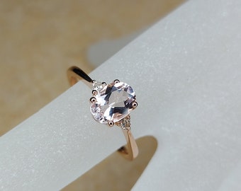 Morganita ovalada vintage de 1 ct/5*7 mm/ y anillo de compromiso de diamantes naturales, oro rosa, solitario de tres piedras, anillo nupcial para mujer, regalo de aniversario.