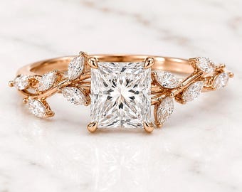 Princess Cut Diamond Nature Inspired Engagement Ring E VVS2 IGI Certified Lab Grown Diamond Ring for Her Unique Anniversary Gift