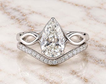 1.5 Carat Pear Cut Lab Diamond Solitaire Engagement Ring, With Curved Wedding Band, IGI Certified E/VVS2,  Anniversary Perfect gift