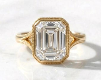 3 Carat E VVS2 lab grown Emerald Cut engagement ring in bezel setting 14K Solid Gold IGI Certified Emerald Diamond Proposal Ring.