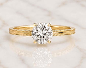 1 Ct Round Cut Solitaire Certified Natural Diamond Engagement ring, Vintage Band Solid Gold Bridal Ring engagement Proposal ring for her.