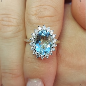 Aquamarine Vintage Engagement Ring 14K White Gold Diamond Women Wedding Halo  Bridal Art Deco Anniversary Proposal Gift for her.