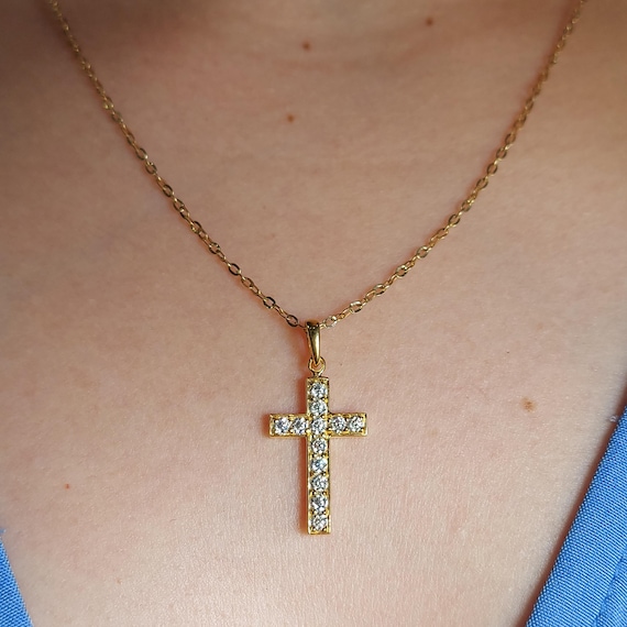 Collana Donna Con Croce E Corona – Placcata Oro 14K – Ciondolo Delicato Con Diamantini – Gioiello Religioso Cristiano – Regalo Compleanno