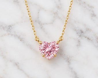 Pink Heart diamond Necklace, 14k Yellow Gold, Dainty Minimalist Heart Pendant, Pink Diamond Womens Necklace, Special Gift For Her.