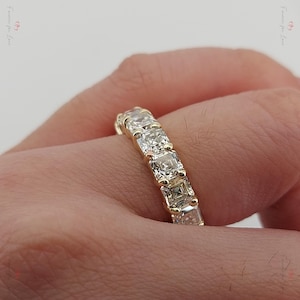 Asscher Cut Anniversary Band Moissanite Wedding Band 3/4th Eternity Band Solid 14K Yellow Gold, Statement Ring