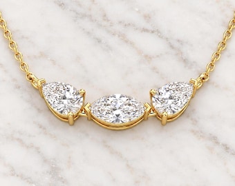 0.8 ct Marquise and Pear Lab Grown Diamond Necklace, Cluster Set Wedding Necklace, 14K Gold Necklace, Daily Wear Chain Necklace