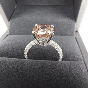 3 1/2 Carat Morganite Engagement Ring Rose Gold Oval Morganite Ring Hidden Halo Diamonds Oval Morganite Ring