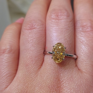 3 ct Canary Yellow Oval Cut Moissanite Engagement Ring, 14k Yellow Gold Crushed Ice Oval Moissanite Diamond.