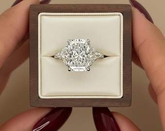 5 Carat IGI CERTIFIED D Color VVS2 Clarity Radiant Cut Three Stone Lab Grown Diamond Engagement Ring, Side Trillion Cuts , White Gold