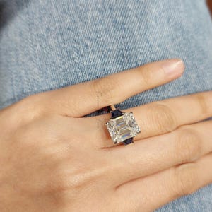 5ct Emerald Cut Moissanite Engagement Ring with Blue Sapphire Side Stones, Three Stone Wedding Ring, Anniversary Ring, Promise Proposal Ring