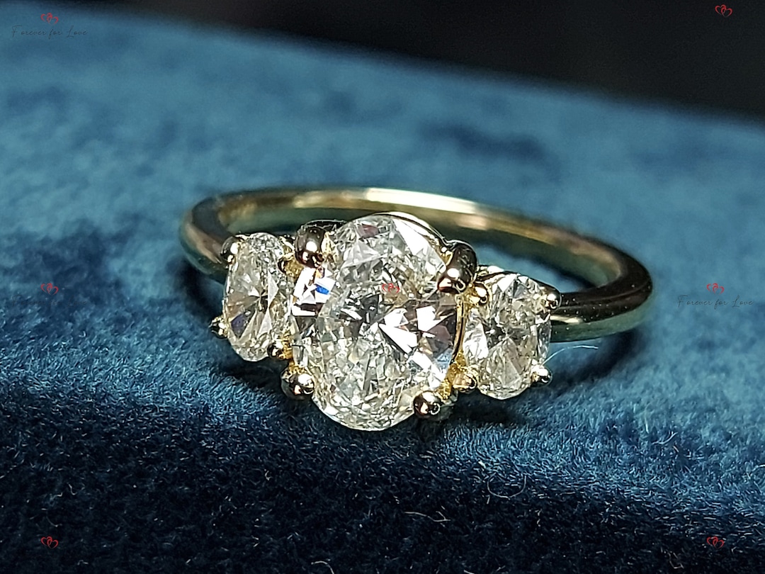 3 TW Trilogy Lab Created Engagement Ring, Oval Cut Diamond Ring, Solid