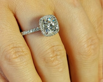 Unique Vintage Cushion cut engagement ring, Yellow Gold Halo Moissanite Ring, Genuine Full eternity wedding ring Anniversary gift for women.