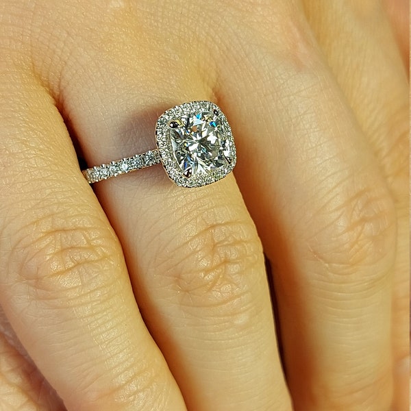 Unique Vintage Cushion cut engagement ring, Yellow Gold Halo Moissanite Ring, Genuine Full eternity wedding ring Anniversary gift for women.