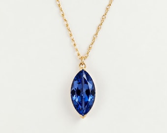 0.4ct Marquise Blue Sapphire Necklace, 14k Solid Gold, Dainty Minimalist Pendant, Marquise  Women's Necklace, Special Gift For Her.