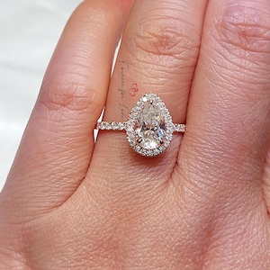 Vintage Pear shaped Moissanite Engagement Ring, Pear Cut Unique 14k White Gold Halo Ring, Wedding Ring Anniversary Ring Proposal Ring.