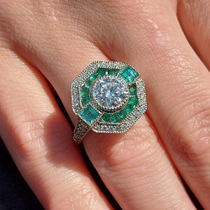 Vintage Emerald Engagement Ring 14K White Gold Moissanite Women Wedding Halo Half Eternity Bridal Art Deco Anniversary Gift