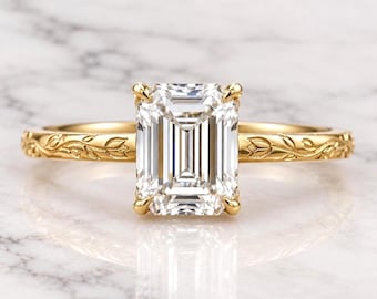 H 14k Emerald Cut Vintage Lab Grown E ,VVS2 Clarity IGI Certified Diamond Ring, Vintage Emerald cut Ring with Floral Band, gift for her