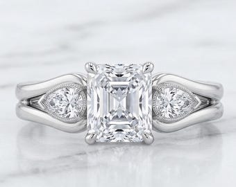 1.9ct Emerald Cut E,VVS2, IGI Certified lab Diamond Ring, Pear side stones, Emerald Cut Lab Grown Diamond Engagement Ring, Perfect gift