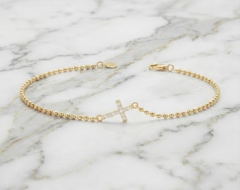 Pulsera pequeña de diamantes en oro de 14 k, delicada pulsera con cruz, cadena de bolas sólida, joyería cristiana, oro macizo, pulsera delicada, regalo para ella