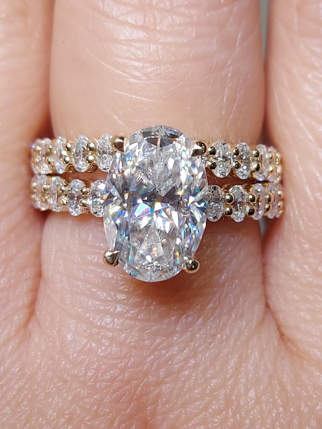4 Ct Oval Cut Moissanite Wedding Set in Yellow Gold Hybrid Crushed Ice ...