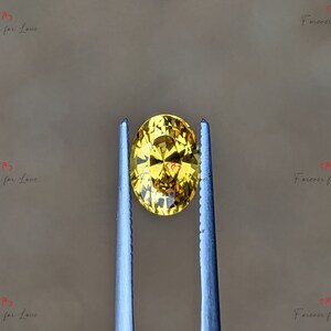 May include: A yellow oval gemstone held by tweezers. The gemstone has a faceted cut and a bright, golden color.