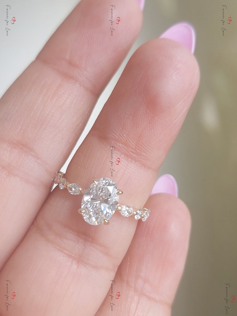 1.5 Carat E , VVS2 Clarity IGI Certified Lab Grown Oval Cut Diamond Ring, Vintage Marquise Diamond Band, Unique Engagement Ring gift for her image 5