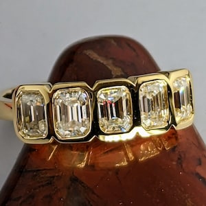 Emerald Cut Anniversary Band Moissanite Wedding Band  Half Eternity Band Solid bezel 14K yellow Gold, Statement Ring