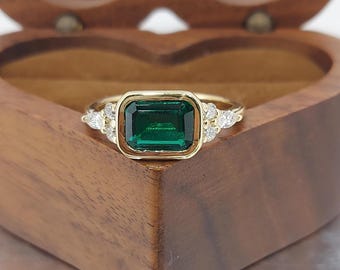 Dainty Emerald Ring 14K solid gold Emerald and Diamond Bezel setting Minimalist Thin Band Ring, Gift for her.