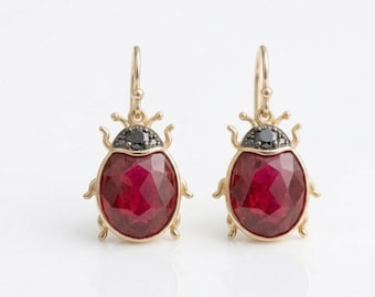 14k Lady bug Ruby Dangle drop Earrings, Natural Ruby Gemstone Earrings, 14k Solid Gold Earrings, Perfect Gift for her