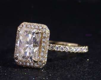 Radiant Cut Double Halo Moissanite Engagement Ring, 4 ct Forever Moissanite Ring,Pave Diamond Ring, Modern Engagement Ring.
