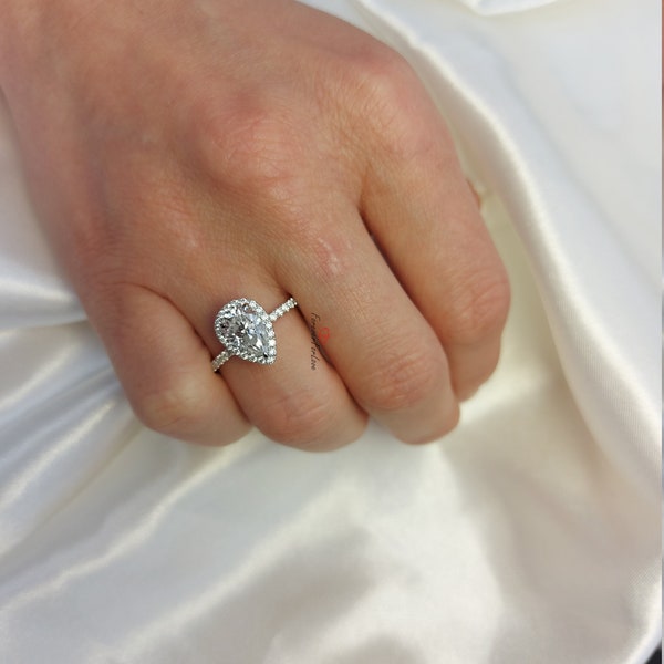 Vintage peervormige Moissanite verlovingsring, peer geslepen unieke 14k witgouden Halo ring, trouwring jubileum ring voorstel ring.