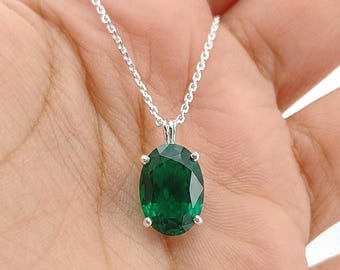 Emerald Pendant Necklace 14K Solid White Gold For Ladies Oval Shaped Emerald Necklace Pendant, Birthstone necklace, Perfect gift