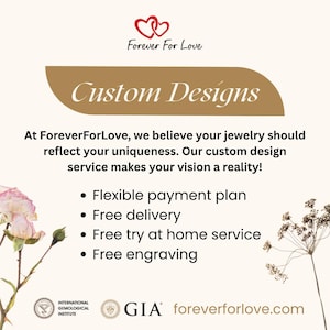 Puede incluir: Un anuncio de joyer&iacute;a Forever For Love con el texto "Custom Designs". La imagen incluye un logotipo con dos corazones entrelazados y una lista de servicios: plan de pago flexible, entrega gratuita, prueba gratuita en casa y grabado gratuito.