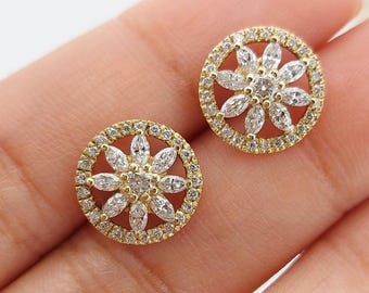14k Marquise Diamond Flower Stud Earrings, Floral Gold Studs, Dainty Everyday Diamond Earrings, Minimalist Jewelry, Perfect gift