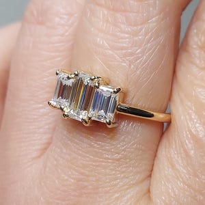 Vintage Moissanite Baguette Engagement Ring Art Deco Engagement Ring Bezel Set Baguette Diamond Ring  Three Stone Baguette Ring  14K Gold.