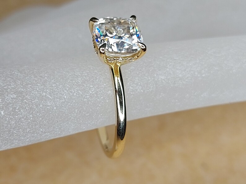 2.2Ct Crushed Ice Cushion Cut moissanite engagement ring /7.57.2mm/ hidden halo Unique Diamond Ring,Hidden Halo Engagement Ring. image 3