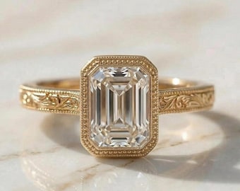 Emerald Cut Vintage Lab Grown E ,VVS2 Clarity IGI Certified Diamond Ring, Vintage Emerald cut Ring with Floral Band, gift for her