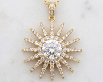 2.1 Carat E/VVS2 Certified Round Cut Sunburst Diamond Solitaire Pendant with Chain. 14k Yellow Gold, Lab Grown Diamond, Perfect gift