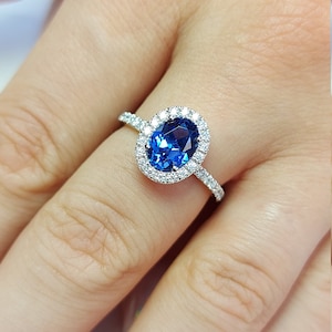 Vintage Blue Sapphire Engagement Ring, Princess Diana real sapphire Oval cut 14k yellow gold diamond ring, 2 Ct Blue sapphire ring. image 1