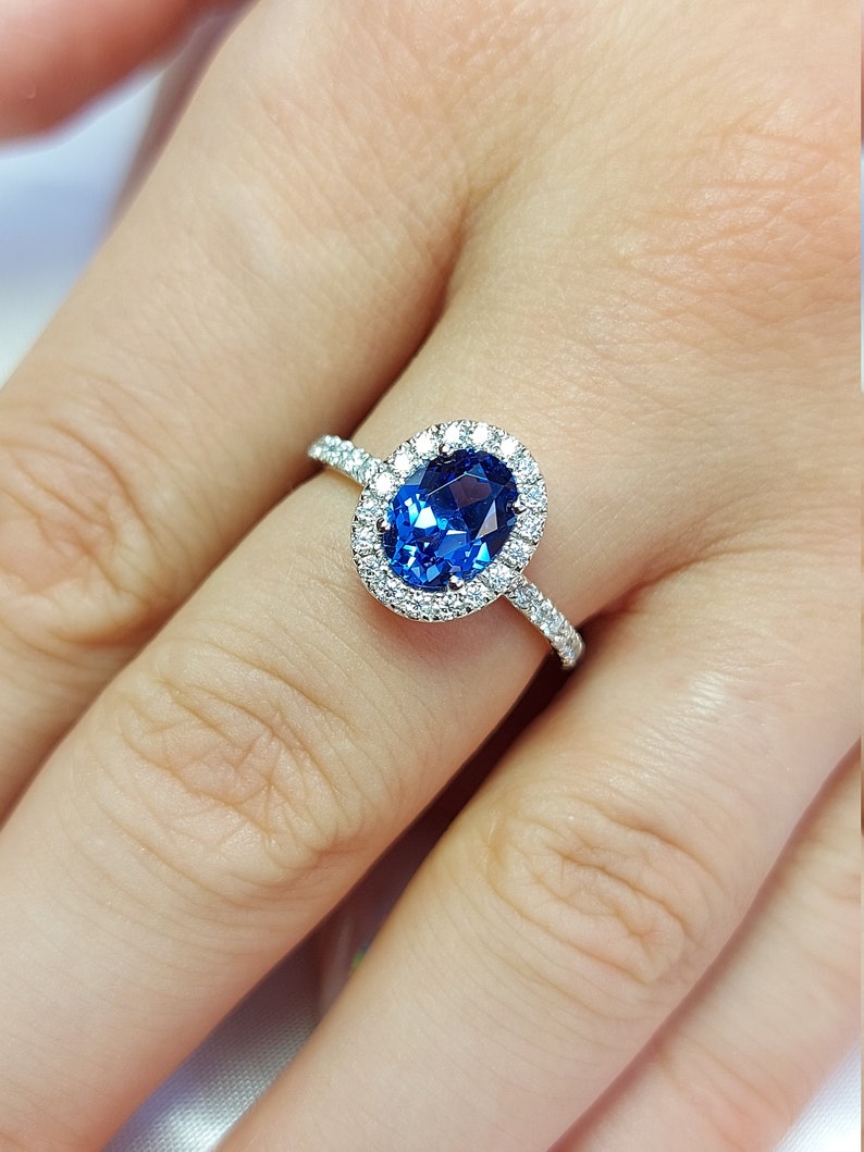 Vintage Blue Sapphire Engagement Ring, Princess Diana real sapphire Oval cut 14k yellow gold diamond ring, 2 Ct Blue sapphire ring. image 1