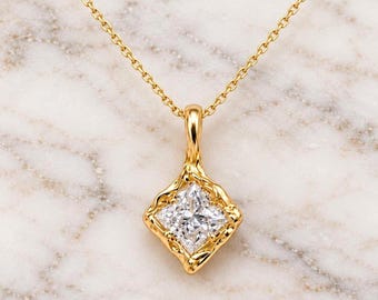 Princess Cut Diamond Necklace, 14k Yellow Gold, Dainty Minimalist Princess cut Pendant, Lab Diamond Womens Necklace, Special Gift For Her.