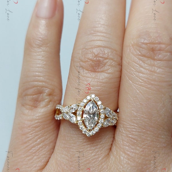 0.5 Ct Marquise Diamond Vintage Ring, Lab Grown Diamond Ring, IGI CERTIFIED, Yellow gold Custom made ring, Unique Engagement Promise Ring.