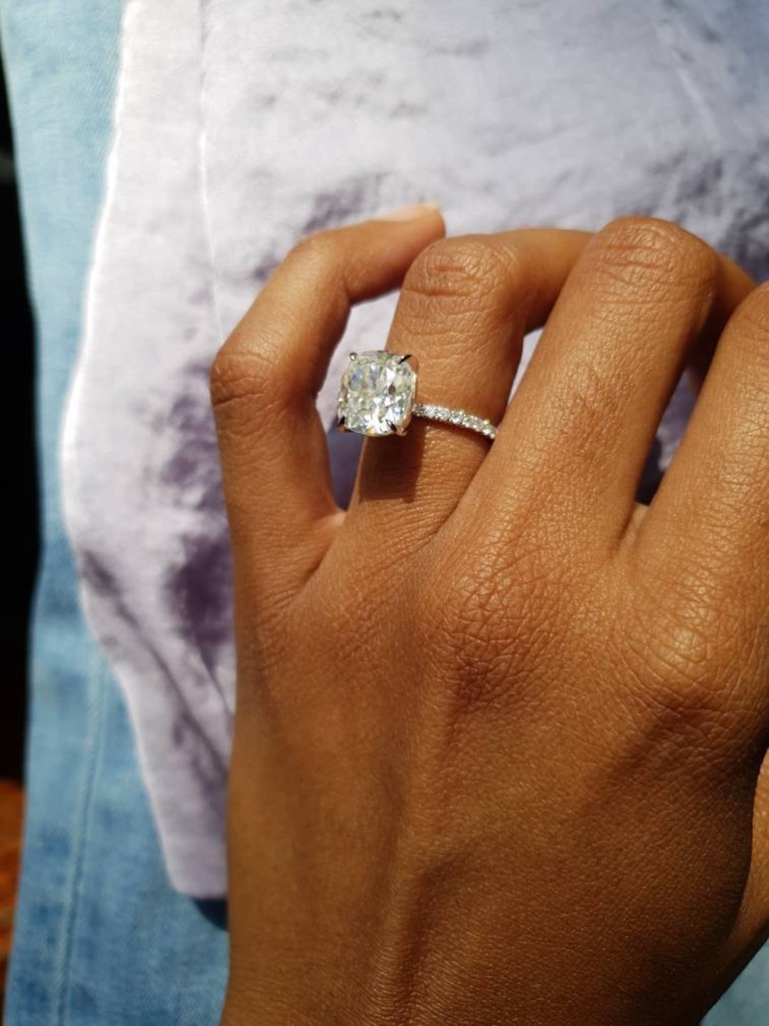 4ct Crushed Ice Cushion Cut Moissanite Engagement Ring, Hidden