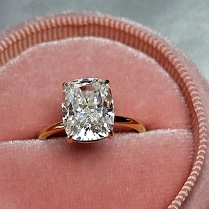 Cushion Cut Moissanite Engagement Ring, Hidden Halo Engagement Ring, Cushion Cut Solitaire, Solid Gold Cushion Cut, Solitaire Proposal Ring.