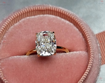 Cushion Cut Moissanite Engagement Ring, Hidden Halo Engagement Ring, Cushion Cut Solitaire, Solid Gold Cushion Cut, Solitaire Proposal Ring.