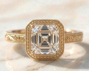 Asscher Cut Vintage Ring IGI Certified E, VVS2 Lab Grown Diamond Engagement Ring Floral Band Ring  Diamond Ring Bezel Setting Perfect gift
